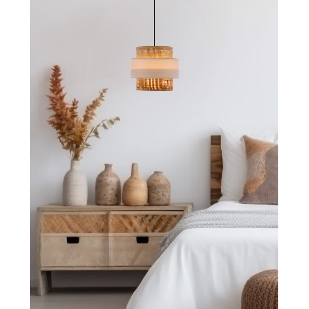 Rattan lampa wisząca czarny 1x40w e27 abażur biały+kremowy — zdjęcie 2