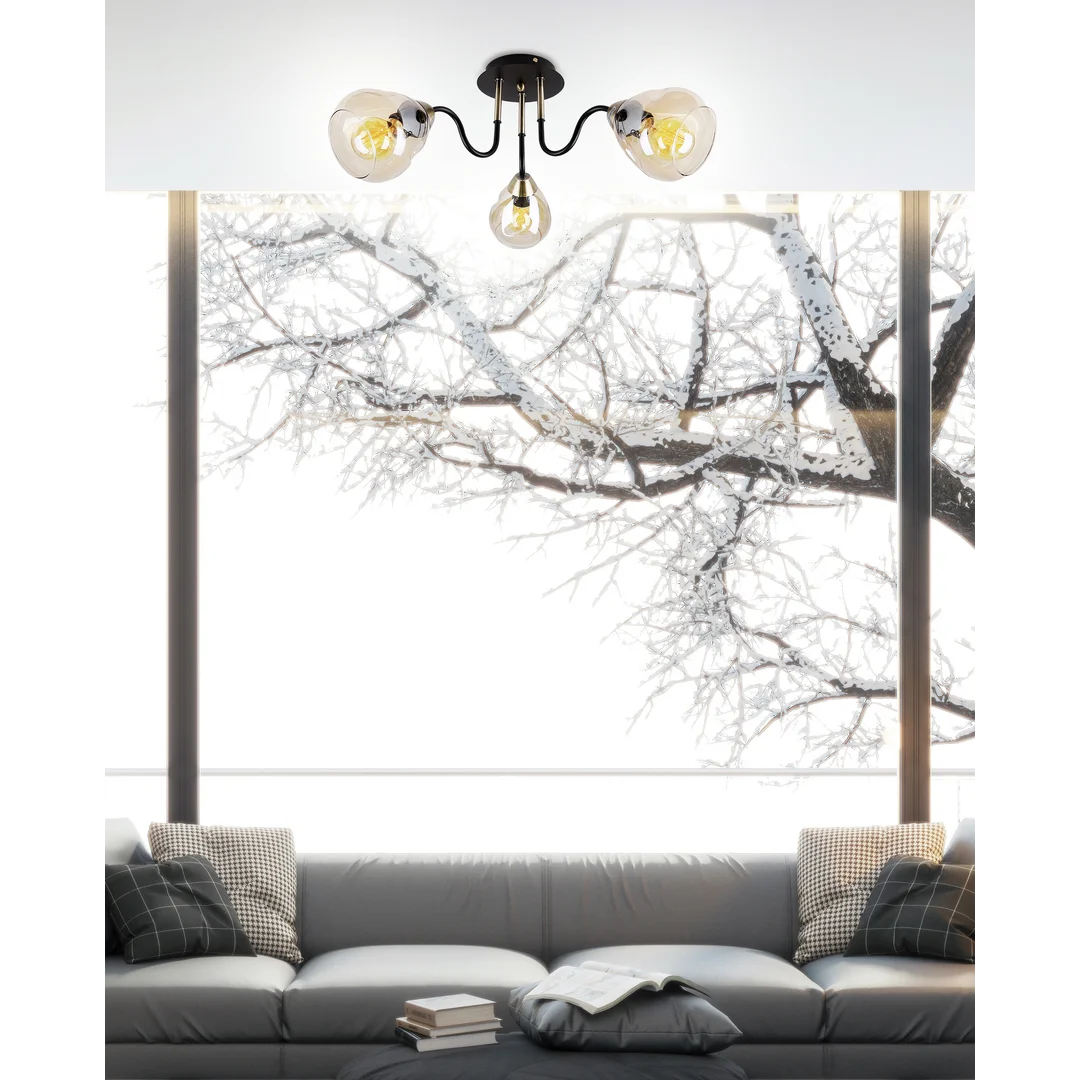 Unica lampa sufitowa czarny+złoty 3x40w e27 klosz dymiony — zdjęcie 2