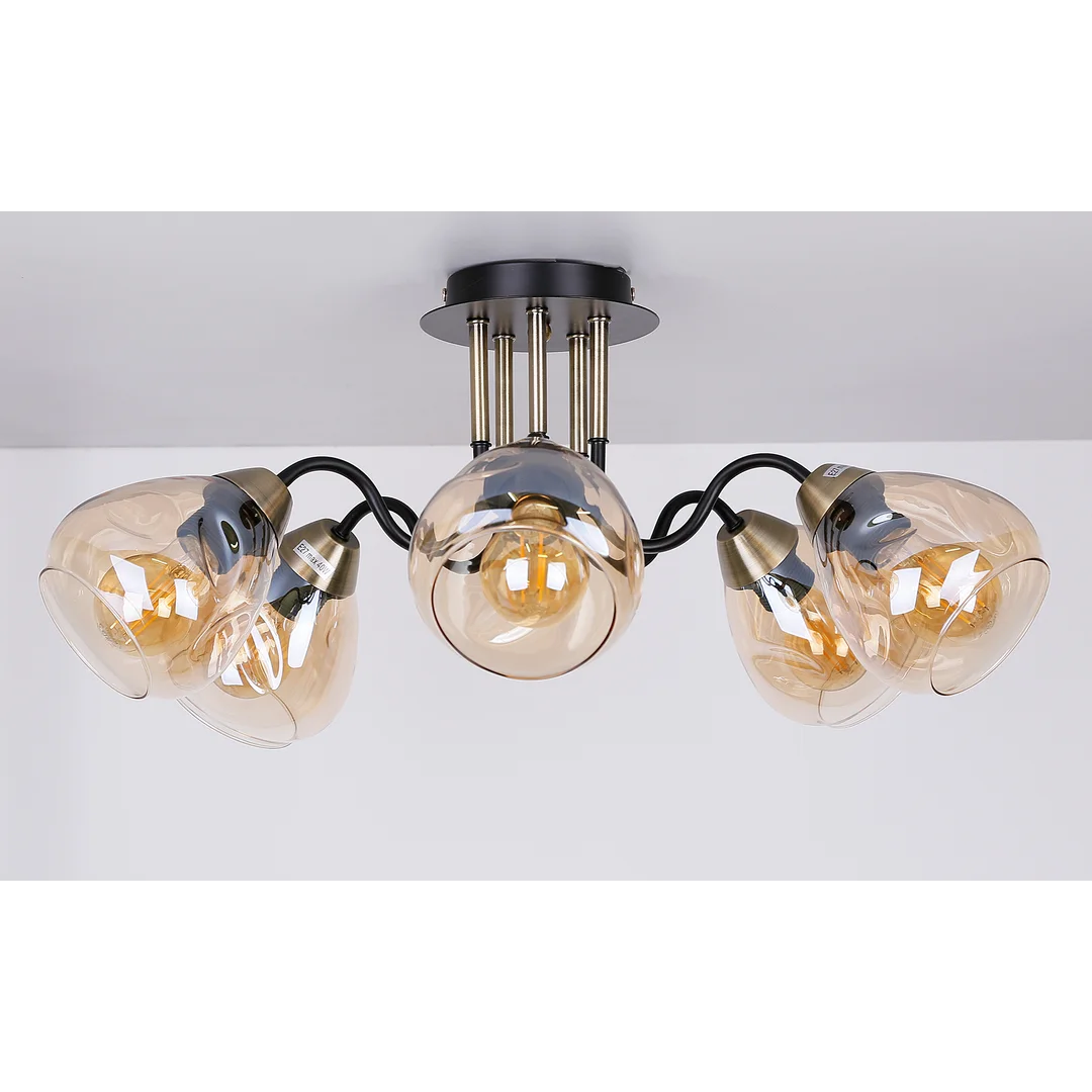 Unica lampa sufitowa czarny+złoty 5x40w e27 klosz dymiony — zdjęcie 2