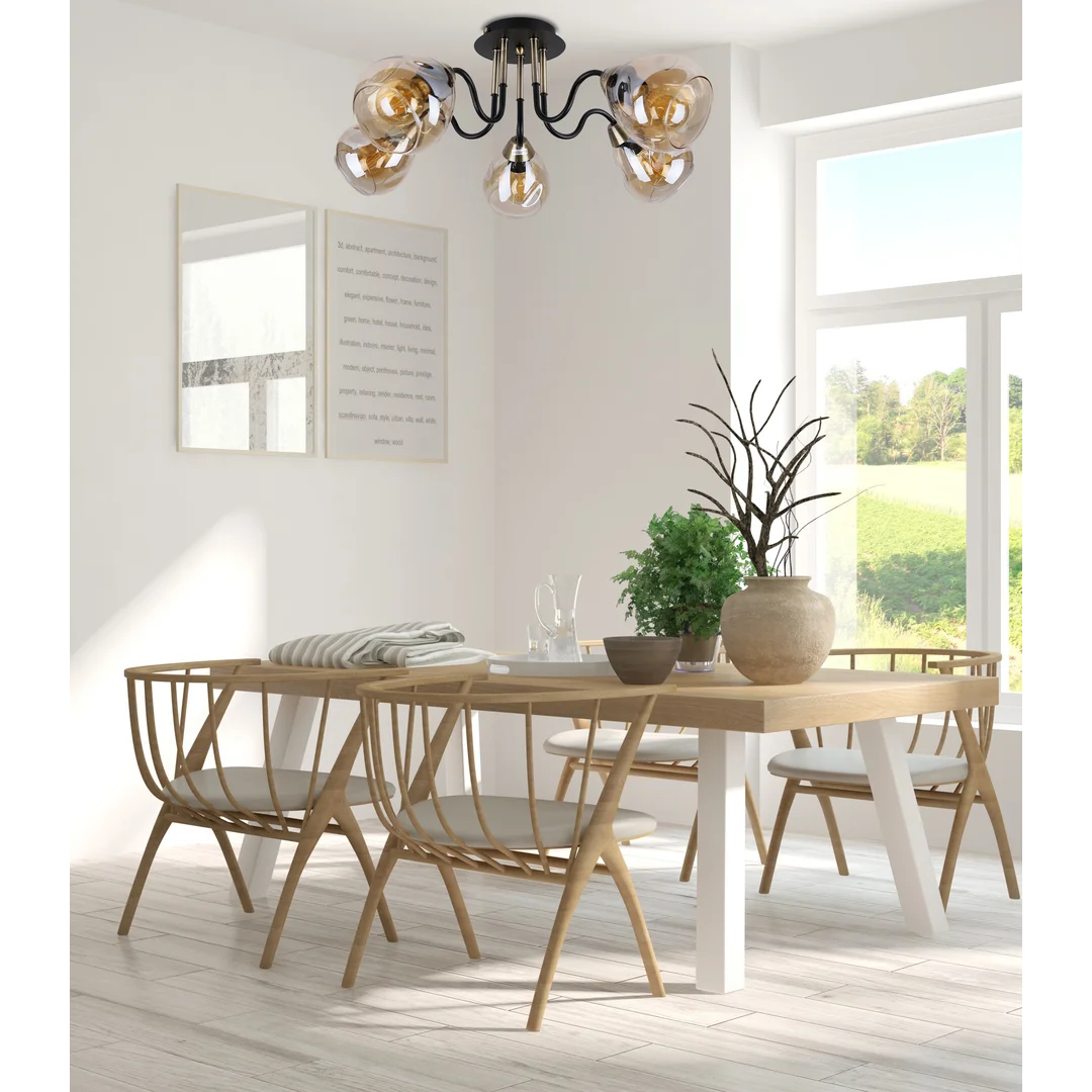 Unica lampa sufitowa czarny+złoty 5x40w e27 klosz dymiony — zdjęcie 7