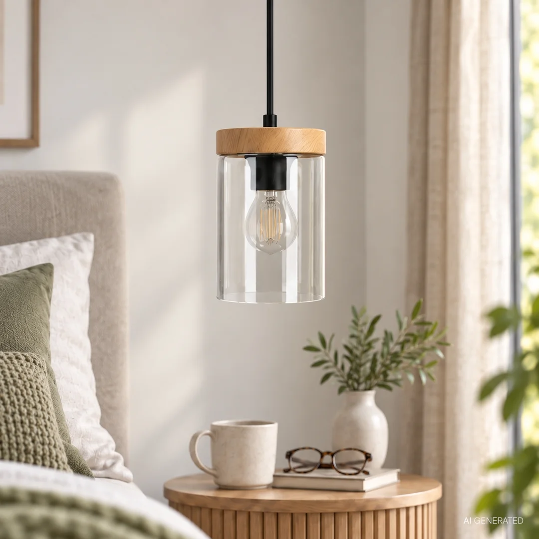 WELS LAMPA WISZĄCA CZARNY+DREWNIANY 1X40 E27 KLOSZ DYMIONY — zdjęcie 3