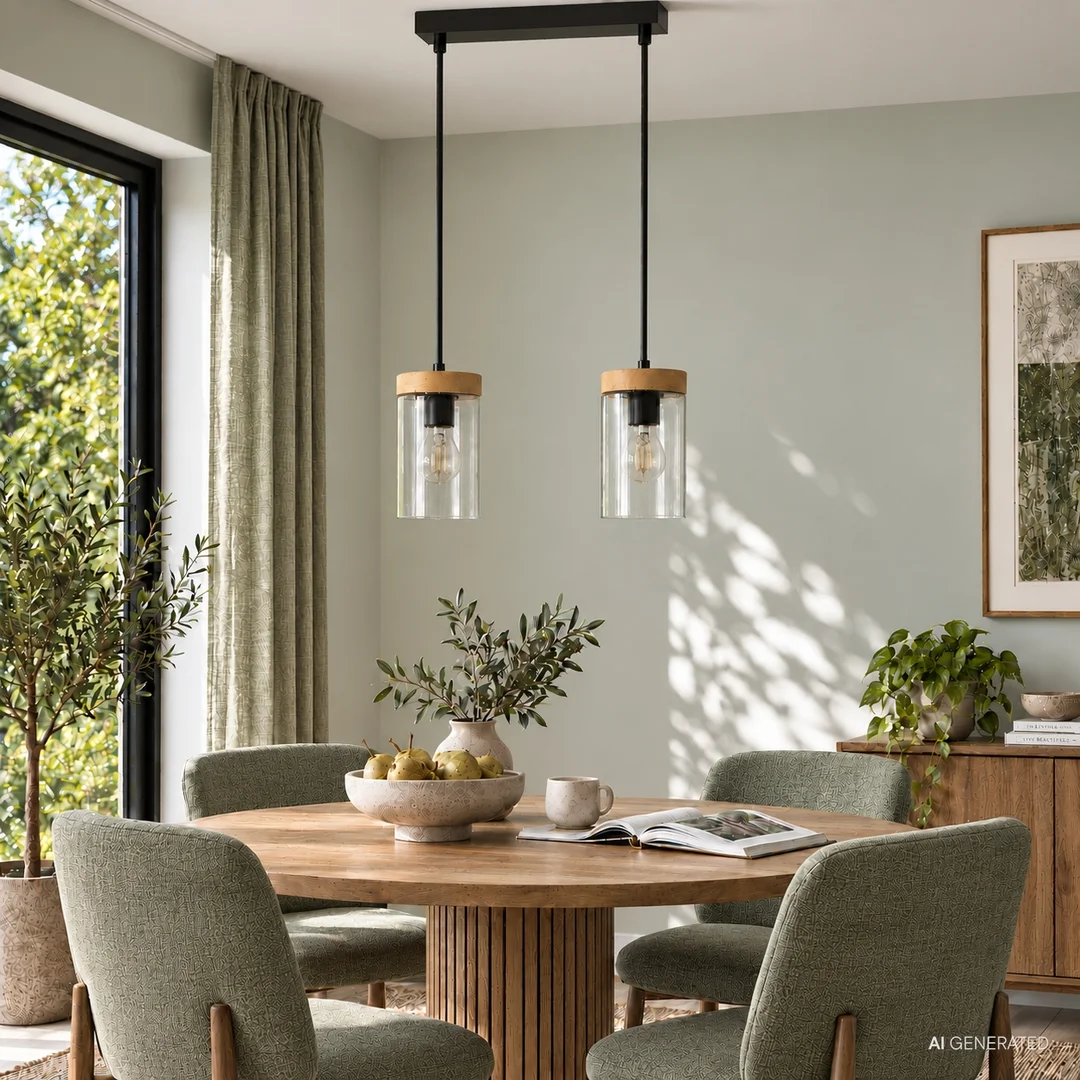 WELS LAMPA WISZĄCA CZARNY+DREWNIANY 2X40 E27 KLOSZ DYMIONY — zdjęcie 2