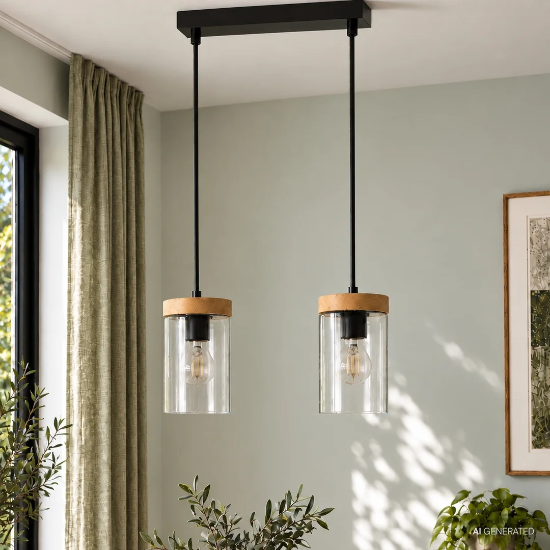 WELS LAMPA WISZĄCA CZARNY+DREWNIANY 2X40 E27 KLOSZ DYMIONY — zdjęcie 3