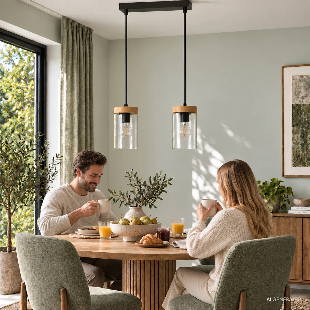 WELS LAMPA WISZĄCA CZARNY+DREWNIANY 2X40 E27 KLOSZ DYMIONY — zdjęcie 4