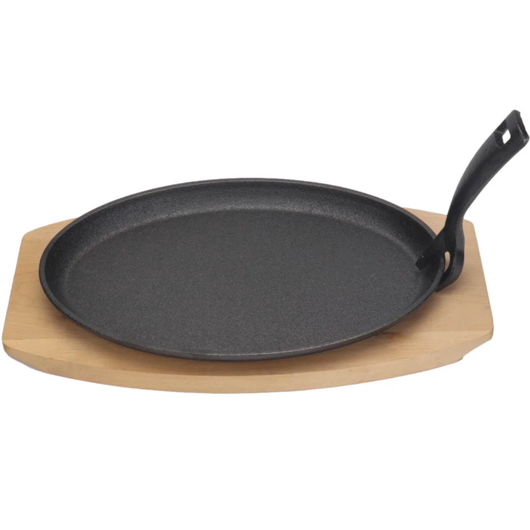 Półmisek żeliwny z drewnianą podstawą uchwytem gorący talerz 280 x 140 mm — zdjęcie 2
