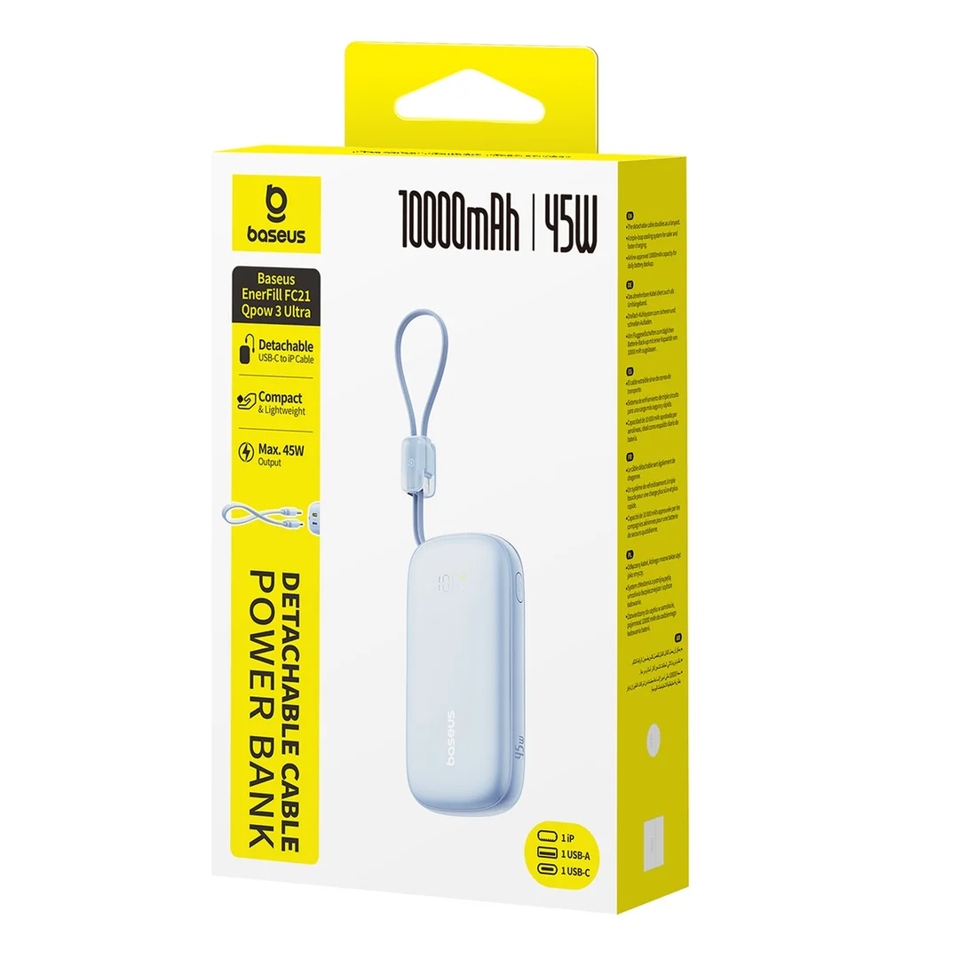 Powerbank 10000mAh 45W z kablem USB-C iPhone Lightning - niebieski