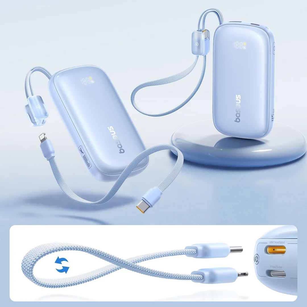 Powerbank 10000mAh 45W z kablem USB-C iPhone Lightning - niebieski