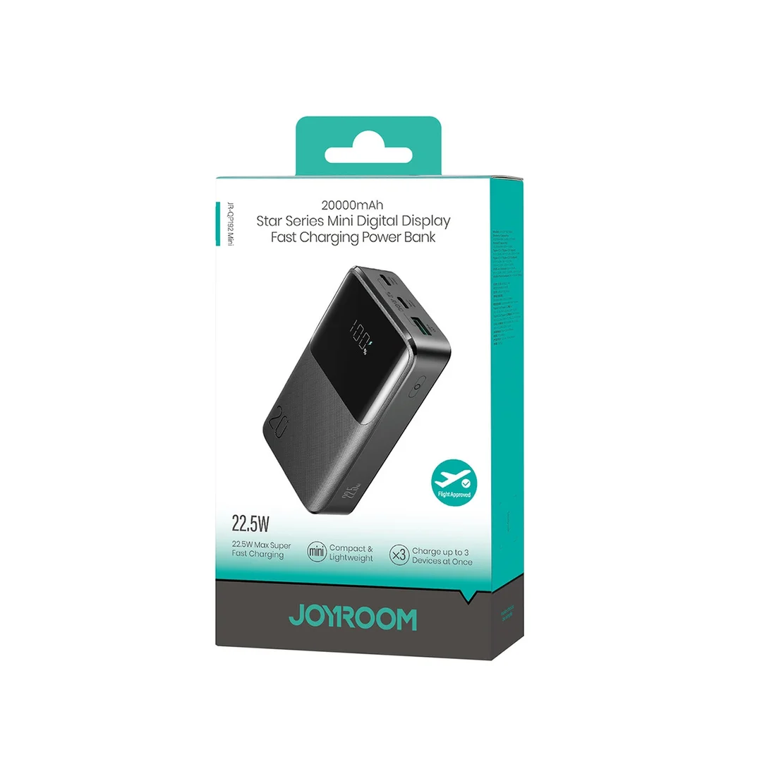 Powerbank 20000mAh 22.5W USB-A USB-C z wyświetlaczem JR-QP192 Mini - czarny