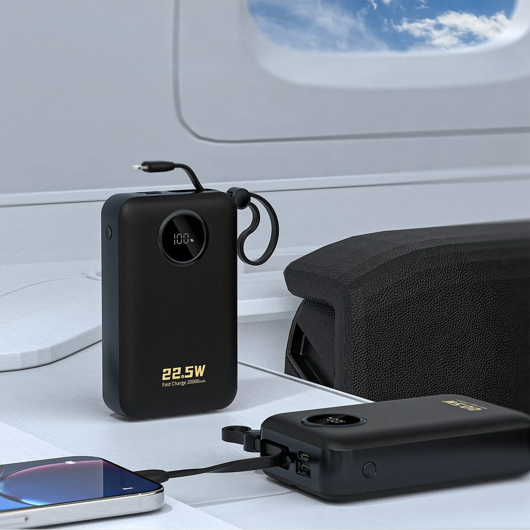 Powerbank 20000mAh USB-C USB-A z wbudowanymi kablami iPhone Lightning USB-C - czarny