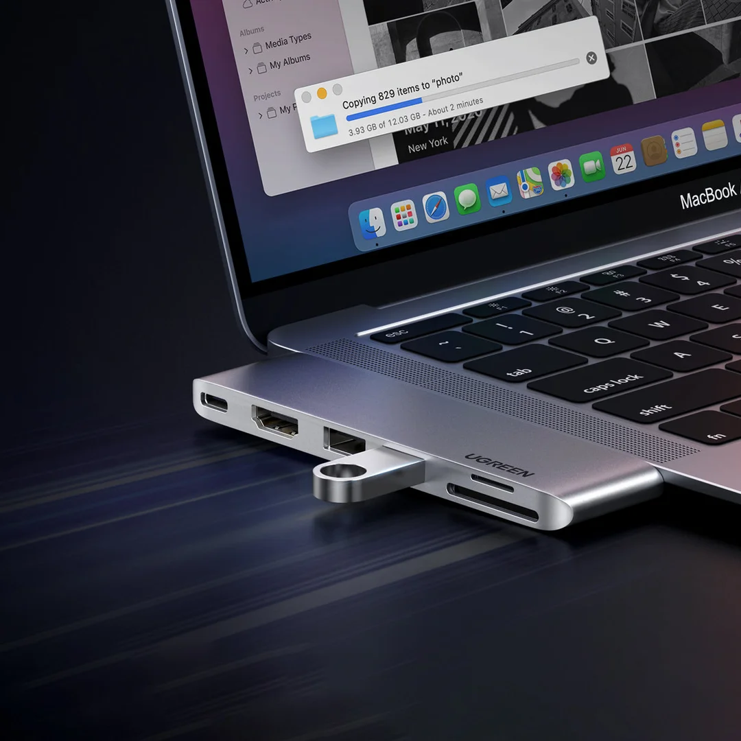 Rozdzielacz portów HUB MacBook Air Pro 2x USB-C HDMI 2x USB 3.0 SD TF PD szary — zdjęcie 3