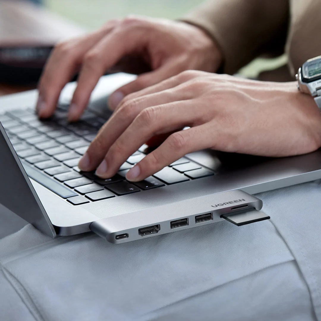 Rozdzielacz portów HUB MacBook Air Pro 2x USB-C HDMI 2x USB 3.0 SD TF PD szary — zdjęcie 4