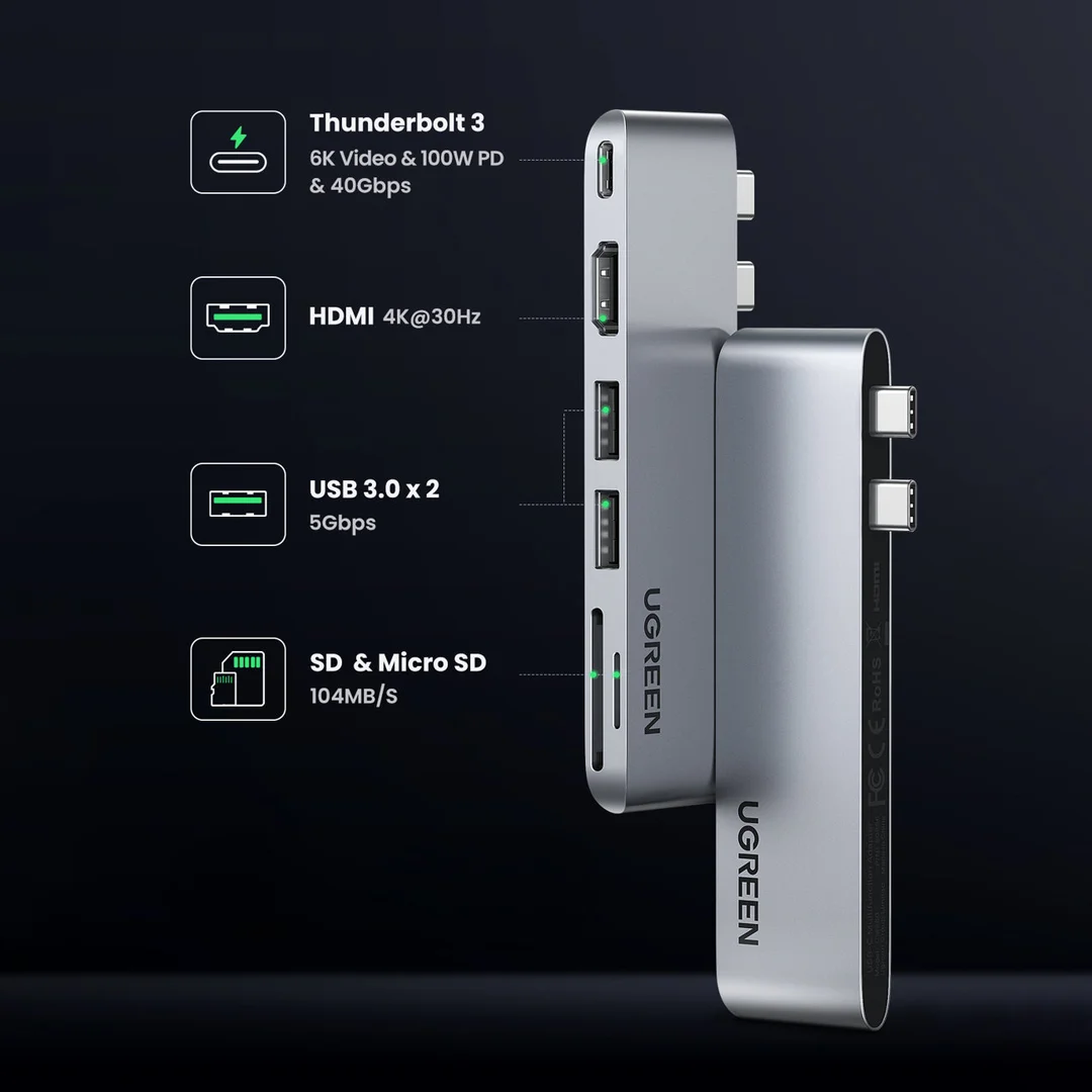 Rozdzielacz portów HUB MacBook Air Pro 2x USB-C HDMI 2x USB 3.0 SD TF PD szary — zdjęcie 6
