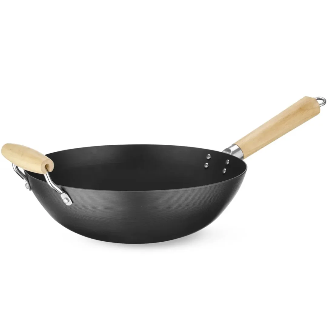 Wok ze stali węglowej z drewnianymi uchwytami śr. 324 mm — zdjęcie 2