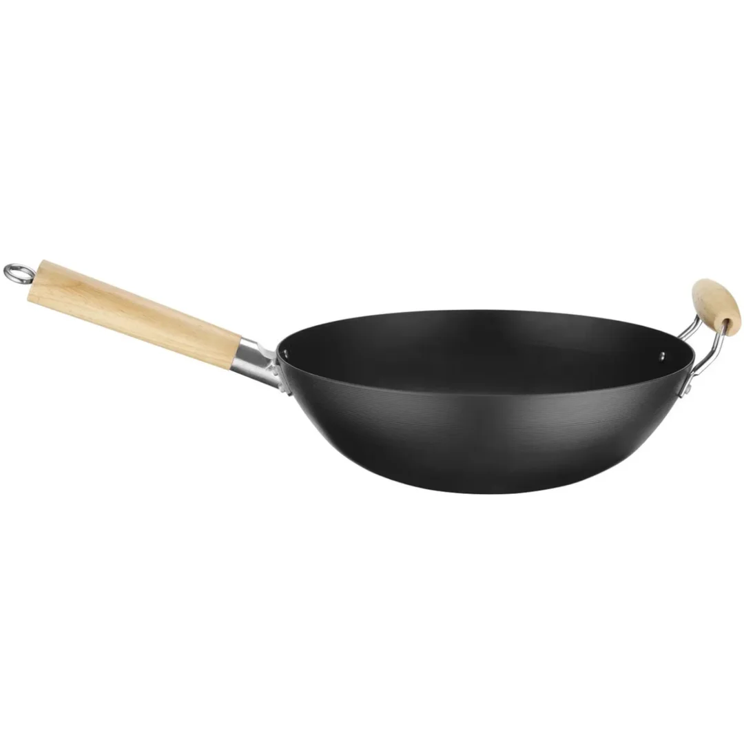 Wok ze stali węglowej z drewnianymi uchwytami śr. 324 mm — zdjęcie 3