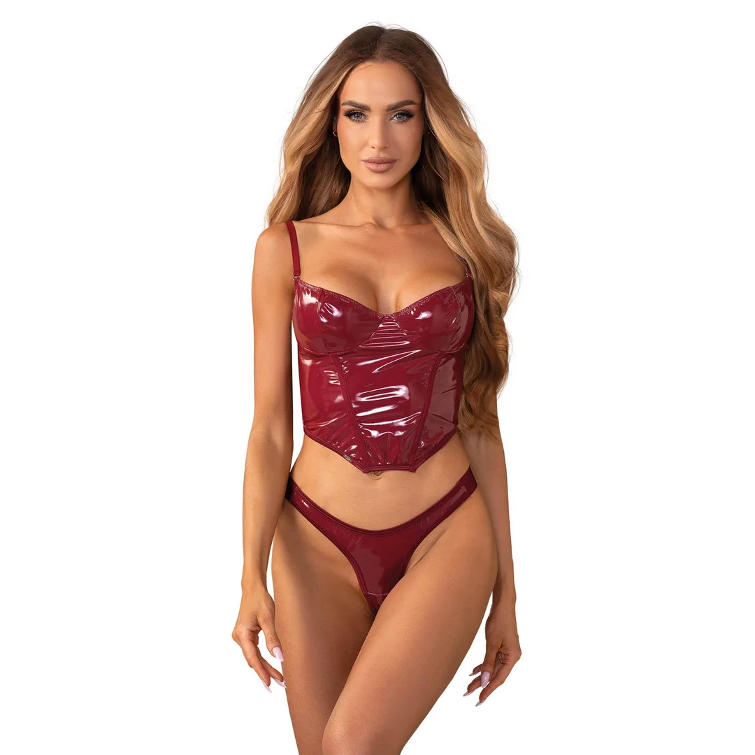 Błyszczący lakierowany gorset z stringami Obsessive Redya L/XL