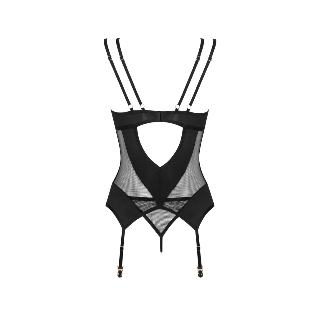 Czarny gorset z stringami i pasami Obsessive Nesari XL/2XL