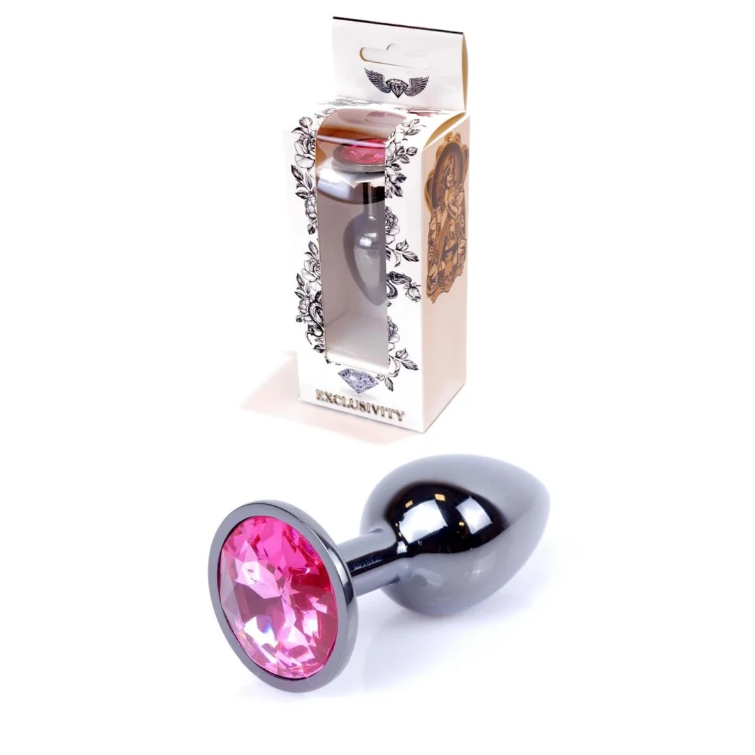 Korek analny biżuteryjny srebrny z różowym diamencikiem HeavyFun 7 cm