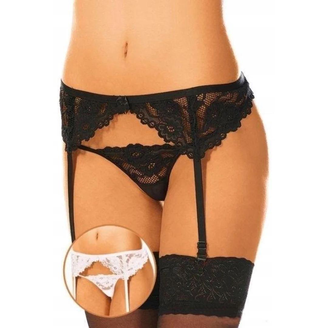 Koronkowy pas do pończoch z seksownymi stringami SoftLine 3309 czarny S/M
