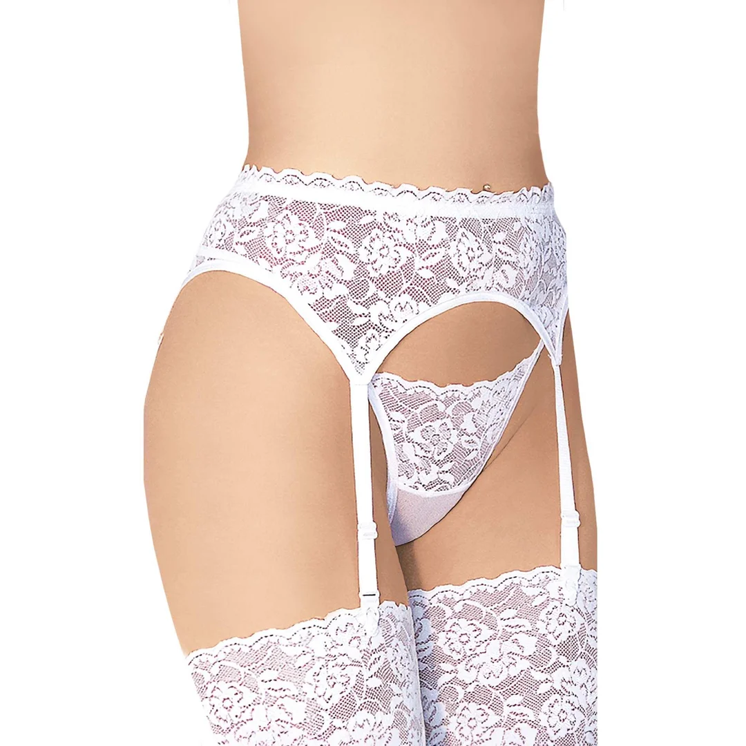 Koronkowy pas do pończoch z stringami SoftLine 3305 biały M/L