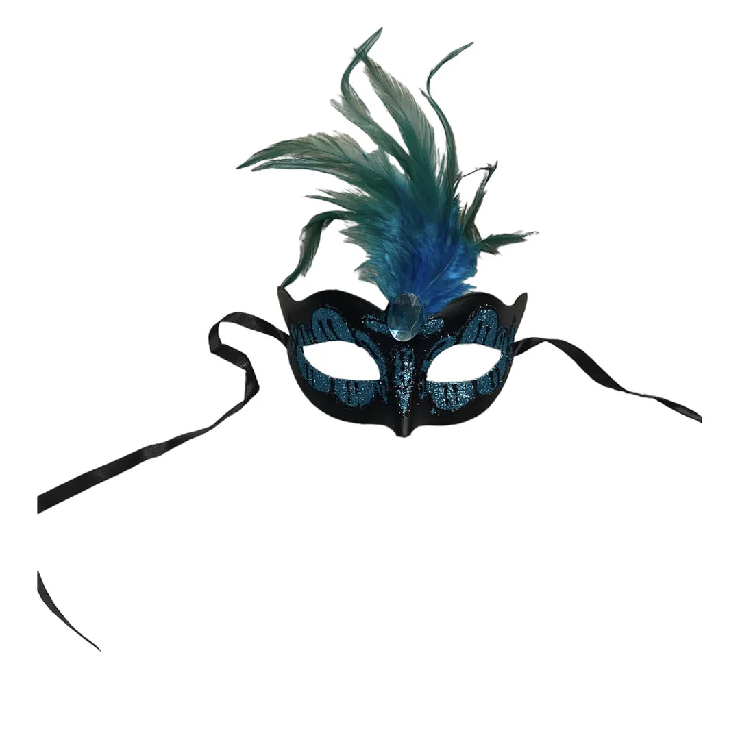 Maska wenecka Kinky Mask jasnoniebieska z kamieniem i piórkiem