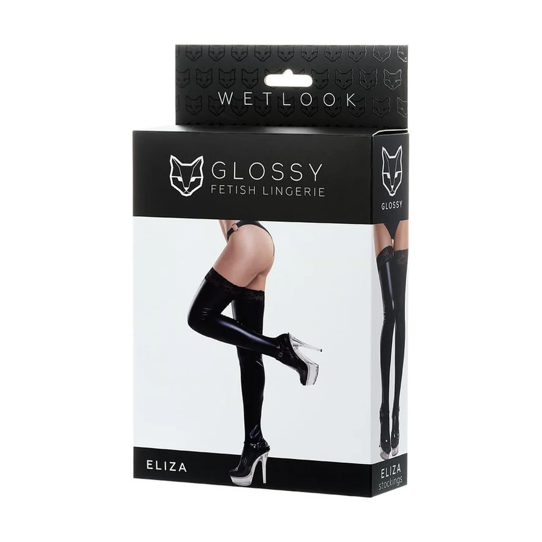 Pończochy błyszczące wetlook z koronką ELIZA Glossy czarne XL