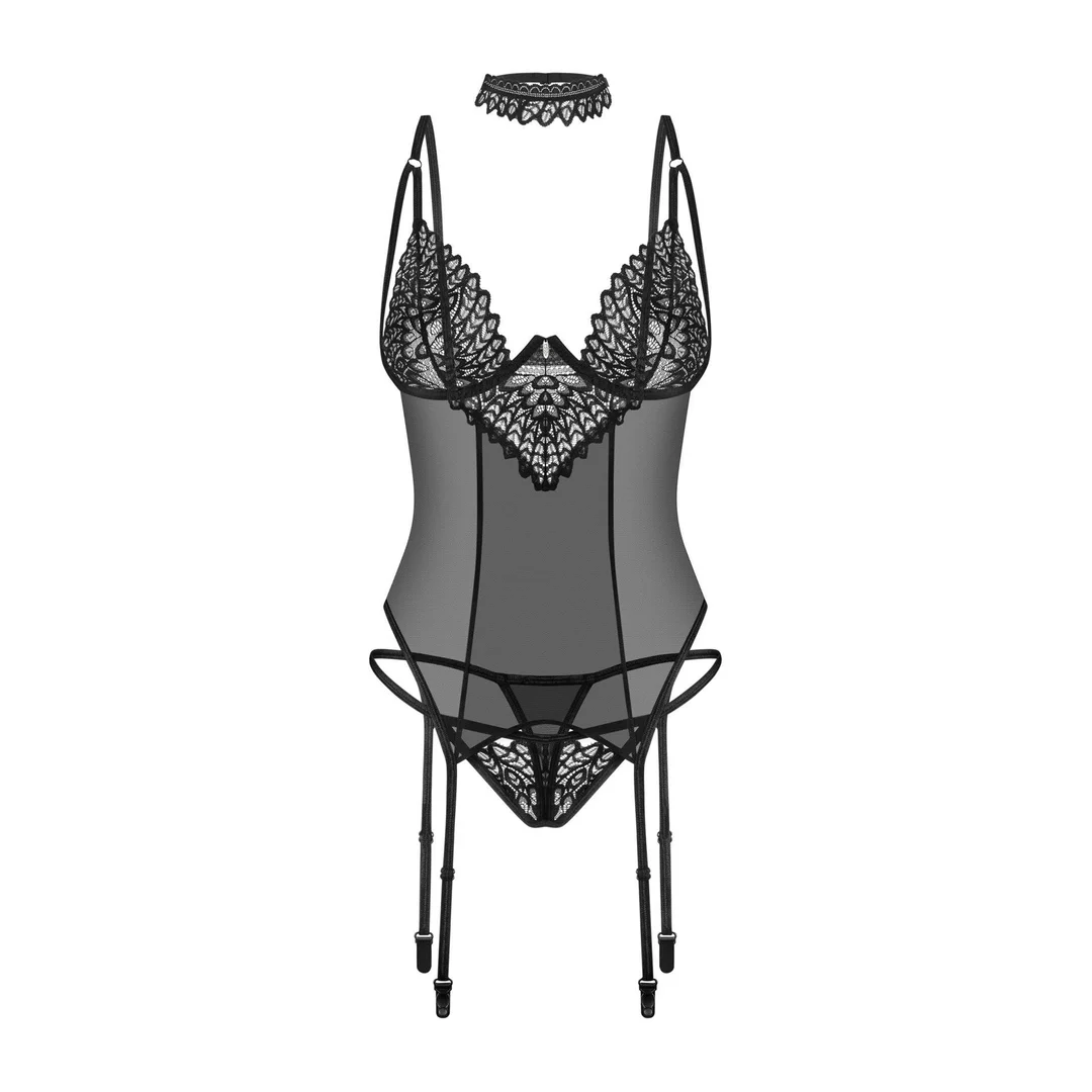 Koronkowy gorset Donarella z stringami i chokerem Obsessive czarny XL/2XL