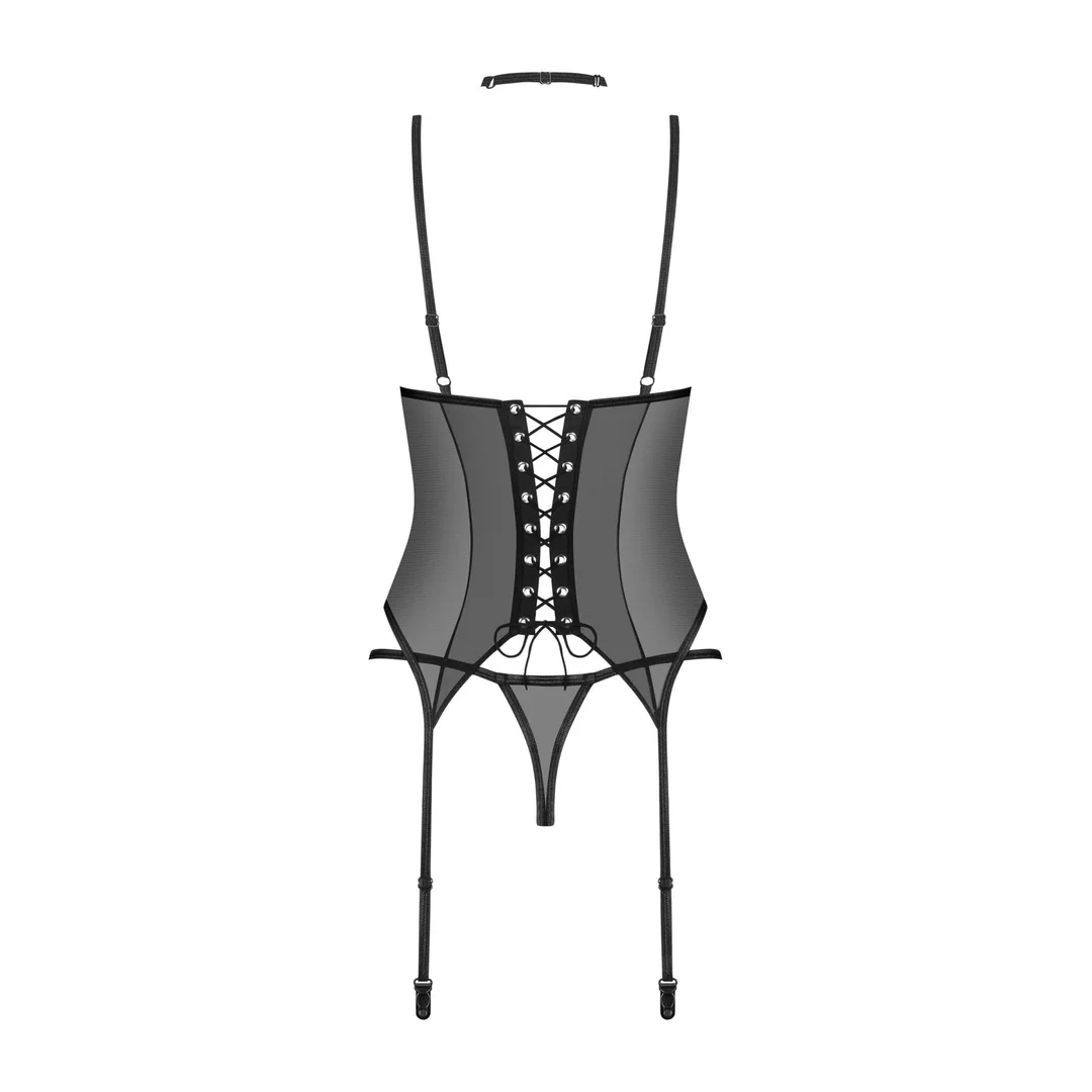 Koronkowy gorset Donarella z stringami i chokerem Obsessive czarny XL/2XL